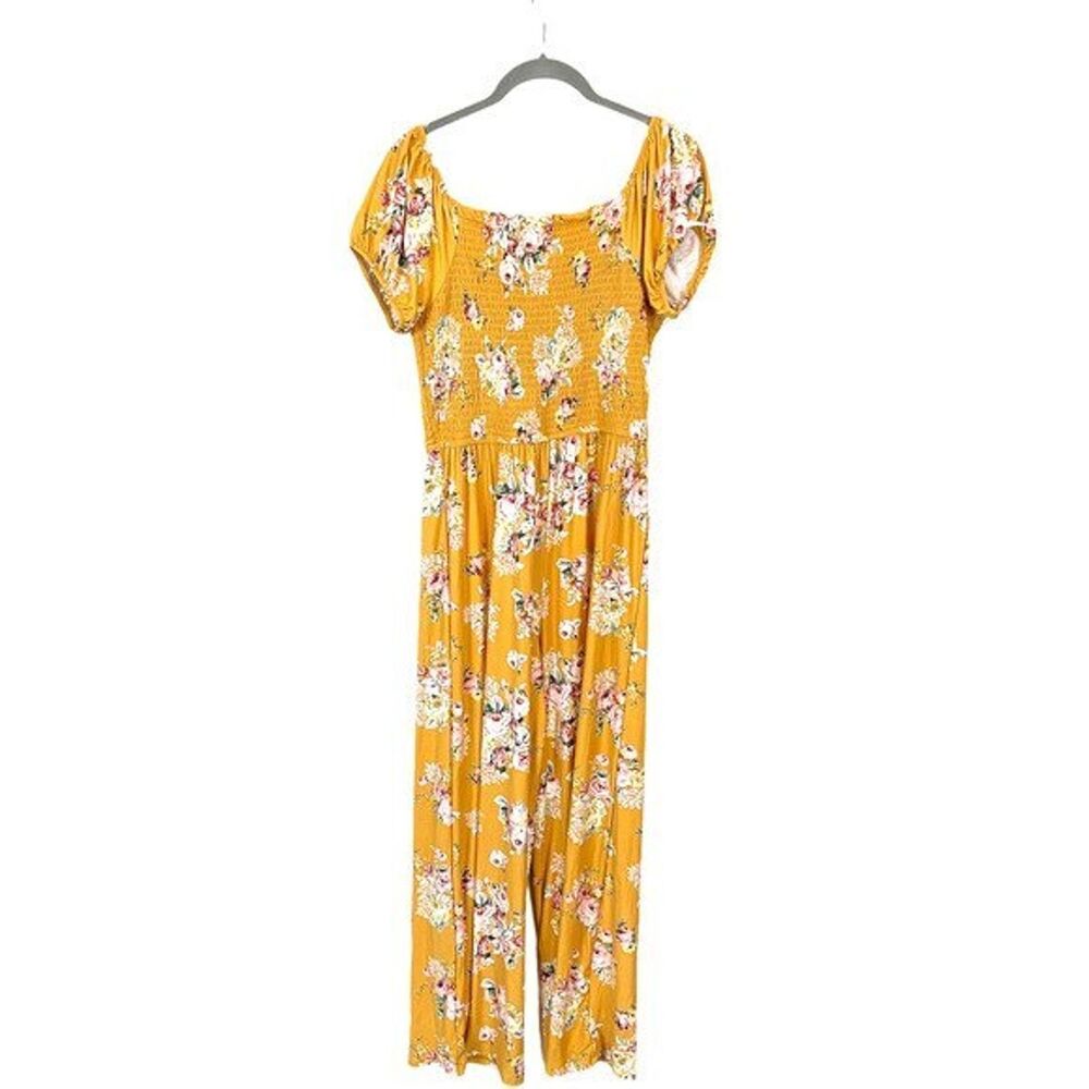 Wide Leg Smocked Floral Jumpsuit Puff Sleeves by Derek Heart - Yellow, L